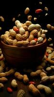 Focused flavors Dark background accentuates peanuts in a captivating, selective focus shot Vertical Mobile Wallpaper AI Generated photo