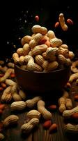 Focused flavors Dark background accentuates peanuts in a captivating, selective focus shot Vertical Mobile Wallpaper AI Generated photo