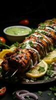 Grilled perfection Side view of chicken kebab in lavash with herbs, onion, and adjika sauce Vertical Mobile Wallpaper AI Generated photo