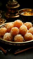 Iconic indulgence Classic motichoor ladoo, a timeless treat of exquisite sweetness Vertical Mobile Wallpaper AI Generated photo