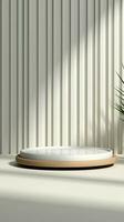 Abstract white room, lifelike whitewood cylinder podium, palm-shadow overlay, minimalistic product showcase. Vertical Mobile Wallpaper AI Generated photo