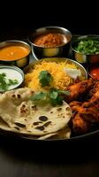 indio banquete pollo thali con frito pollo, huevo curry, lentejas, biryani, Roti, y Seleccione cebollas vertical móvil fondo de pantalla ai generado foto