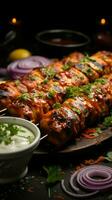 Grilled perfection Side view of chicken kebab in lavash with herbs, onion, and adjika sauce Vertical Mobile Wallpaper AI Generated photo