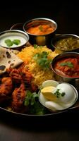 Indian feast Chicken thali with fried chicken, egg curry, lentils, biryani, roti, and select onions Vertical Mobile Wallpaper AI Generated photo