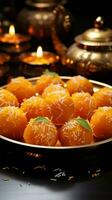 Saffron spheres Indian motichoor laddoo, a sweet embodiment of rich flavors Vertical Mobile Wallpaper AI Generated photo