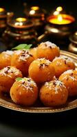 Saffron spheres Indian motichoor laddoo, a sweet embodiment of rich flavors Vertical Mobile Wallpaper AI Generated photo