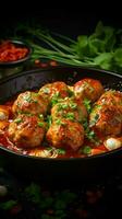 Savory fusion Baked meatballs and chicken in rich tomato sauce, a delectable combination Vertical Mobile Wallpaper AI Generated photo