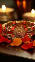 Sentimental token Indian Raksha Bandhan wristband delicately arranged on a table Vertical Mobile Wallpaper AI Generated photo