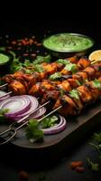 especia infundido deleite indio pollo tikka brochetas, marinado, asado, con verde chatney y cebollas vertical móvil fondo de pantalla ai generado foto