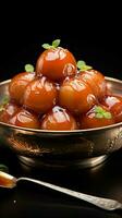 dulce felicidad gulab jamun, Leche establecido bola de masa hervida, un amado tratar para indio y pakistaní festividades vertical móvil fondo de pantalla ai generado foto