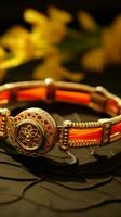 Symbolic bond Indian Raksha Bandhan wristband on display, resting gracefully on a table Vertical Mobile Wallpaper AI Generated photo