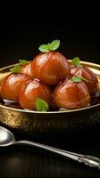 dulce felicidad gulab jamun, Leche establecido bola de masa hervida, un amado tratar para indio y pakistaní festividades vertical móvil fondo de pantalla ai generado foto