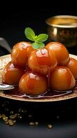 dulce felicidad gulab jamun, Leche establecido bola de masa hervida, un amado tratar para indio y pakistaní festividades vertical móvil fondo de pantalla ai generado foto