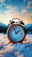 Alarm clock on serene snow field, harmonizing with snowy background ambiance. Vertical Mobile Wallpaper AI Generated photo