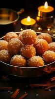 Timeless delight Motichoor ladoo, a classic sweet, encapsulates traditional Indian flavors Vertical Mobile Wallpaper AI Generated photo