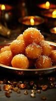 Timeless delight Motichoor ladoo, a classic sweet, encapsulates traditional Indian flavors Vertical Mobile Wallpaper AI Generated photo