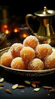 Traditional charm Motichoor ladoo, a classic Indian sweet, embodies nostalgic flavors Vertical Mobile Wallpaper AI Generated photo