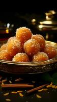 Traditional charm Motichoor ladoo, a classic Indian sweet, embodies nostalgic flavors Vertical Mobile Wallpaper AI Generated photo