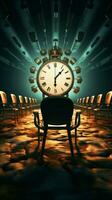 Chairs meet clock An illustrative rendering creates a unique and intriguing visual narrative. Vertical Mobile Wallpaper AI Generated photo