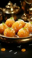 Culinary gems Indian motichoor laddoo, spherical sweets that captivate with every bite Vertical Mobile Wallpaper AI Generated photo
