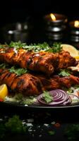 Culinary harmony Chicken kebab on lavash, served with fresh herbs, onion, and tangy adjika Vertical Mobile Wallpaper AI Generated photo