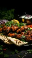 Culinary harmony Chicken kebab on lavash, served with fresh herbs, onion, and tangy adjika Vertical Mobile Wallpaper AI Generated photo