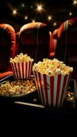 3D rendered theater seat accompanied by popcorn and drink, inviting cinematic indulgence Vertical Mobile Wallpaper AI Generated photo