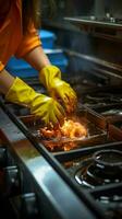 de cerca parte superior ver mujeres enguantado mano limpia sucio estufa enviar cocinando, abrazando tareas del hogar vertical móvil fondo de pantalla ai generado foto