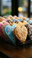 Colorful treats Heart shaped glazed cookies with floral designs on a wooden stand at a restaurant Vertical Mobile Wallpaper AI Generated photo