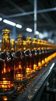 Conveyor belts shallow DOF spotlights beer bottles, showcasing manufacturing intricacies with focus Vertical Mobile Wallpaper AI Generated photo