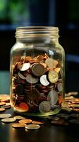 Adding change to euro filled jar, womans paper bill poised for contribution Vertical Mobile Wallpaper AI Generated photo