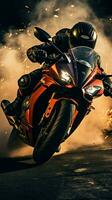 Extreme athletes navigate race track on sport motorcycles, racing for ultimate triumph Vertical Mobile Wallpaper AI Generated photo