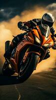 Extreme athletes navigate race track on sport motorcycles, racing for ultimate triumph Vertical Mobile Wallpaper AI Generated photo