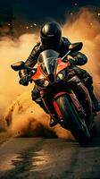 Extreme athletes navigate race track on sport motorcycles, racing for ultimate triumph Vertical Mobile Wallpaper AI Generated photo