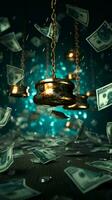 Flying dollars on turquoise, thief in cuffs criminal liability for daring theft Vertical Mobile Wallpaper AI Generated photo
