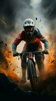 Against a sports backdrop, a focused bicycle racer propels forward with unmatched speed Vertical Mobile Wallpaper AI Generated photo