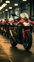 Front and center Row of motorcycles with Honda stands poised in attention Vertical Mobile Wallpaper AI Generated photo