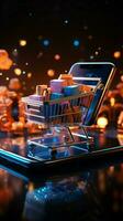 Global touch Smart phone wields online shopping icon, a world of convenience Vertical Mobile Wallpaper AI Generated photo