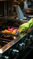 Gloved hand cleans stove after cooking, woman enjoys housekeeping, viewed from above Vertical Mobile Wallpaper AI Generated photo