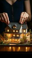 House model guarded by female hands, insurance contract promises elevated protective measures Vertical Mobile Wallpaper AI Generated photo