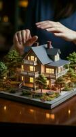 House model guarded by female hands, insurance contract promises elevated protective measures Vertical Mobile Wallpaper AI Generated photo