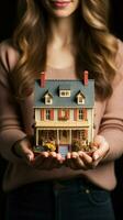 Model house held by young womans hands, symbolizing aspirations and hope Vertical Mobile Wallpaper AI Generated photo