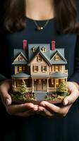 Model house held by young womans hands, symbolizing aspirations and hope Vertical Mobile Wallpaper AI Generated photo