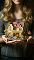 Model house held by young womans hands, symbolizing aspirations and hope Vertical Mobile Wallpaper AI Generated photo