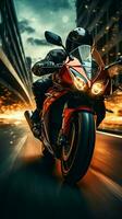 Motion blurred highway ride, biker on red motorcycle captivates in frontal perspective Vertical Mobile Wallpaper AI Generated photo