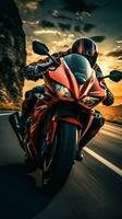 Motion blurred highway ride, biker on red motorcycle captivates in frontal perspective Vertical Mobile Wallpaper AI Generated photo