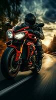 Motion blurred highway ride, biker on red motorcycle captivates in frontal perspective Vertical Mobile Wallpaper AI Generated photo