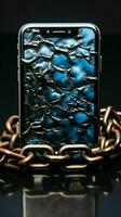 Phone secured by chains and padlock stands out against a clean white background Vertical Mobile Wallpaper AI Generated photo