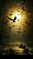 An area veiled in chains witnesses a mesmerizing ballet of airborne birds Vertical Mobile Wallpaper AI Generated photo