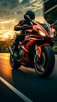 Red motorcycle, biker in focus, speeds along highway, background a motion  blurred rush Vertical Mobile Wallpaper AI Generated photo